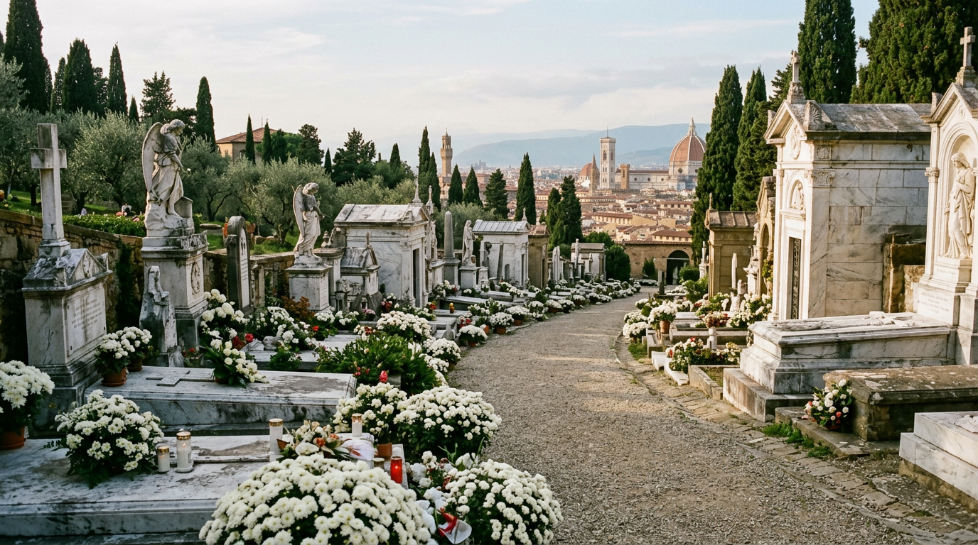 Vista panoramica da Piazzale Michelangelo a Firenze con gli alberi autunnali dorati in novembre.