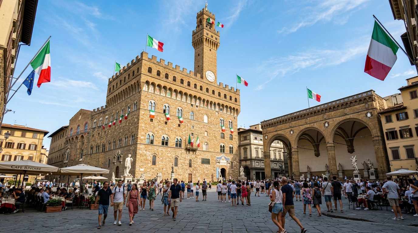 Centro storico di Firenze in primavera con bandiere e giardini in fiore durante il 25 aprile.