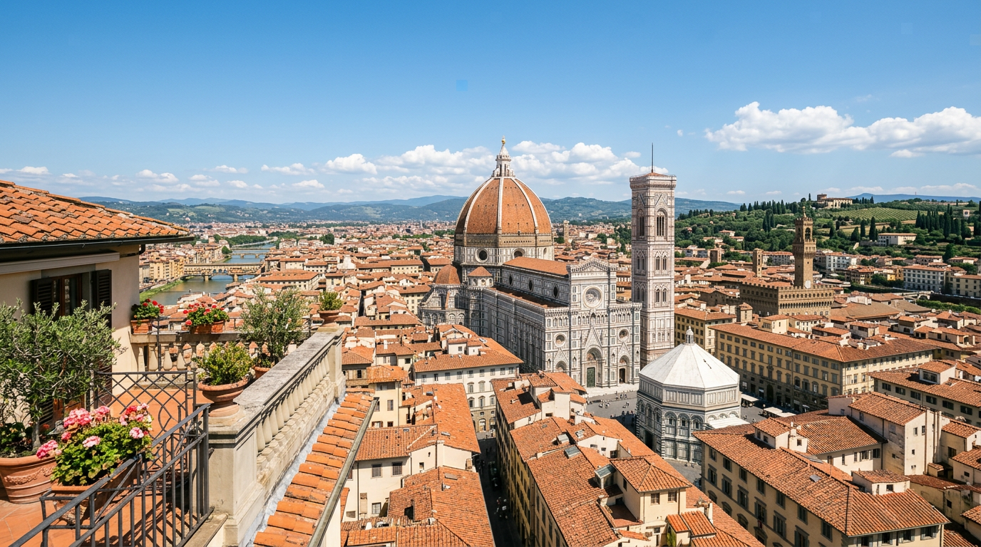 Vista panoramica di Firenze dal Piazzale Michelangelo con la cupola del Brunelleschi e l'Arno