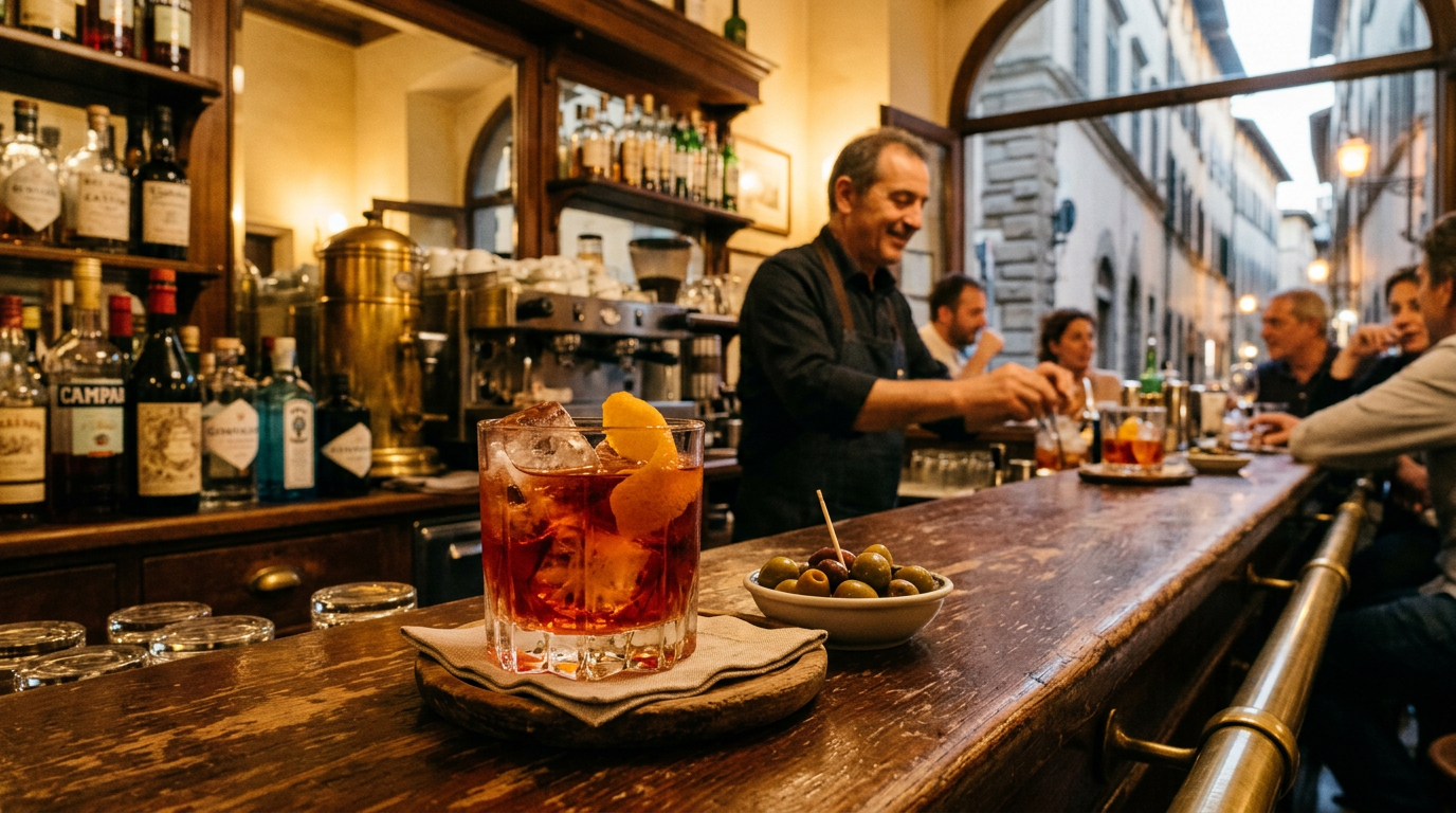 Bicchiere di Negroni con cubetto di ghiaccio e scorza d'arancia su un banco di bar fiorentino