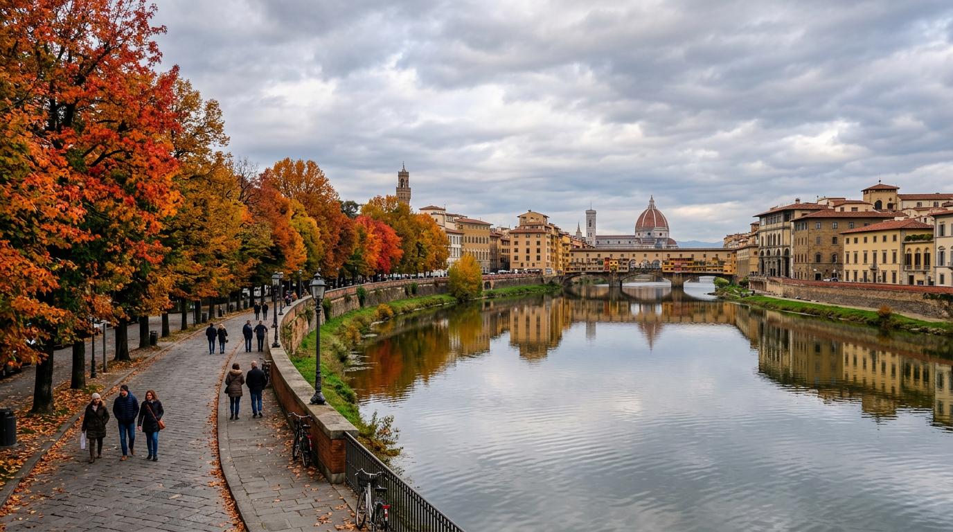Strada fiancheggiata da alberi con foglie arancioni e gialle in una mattina autunnale vicino a Firenze.
