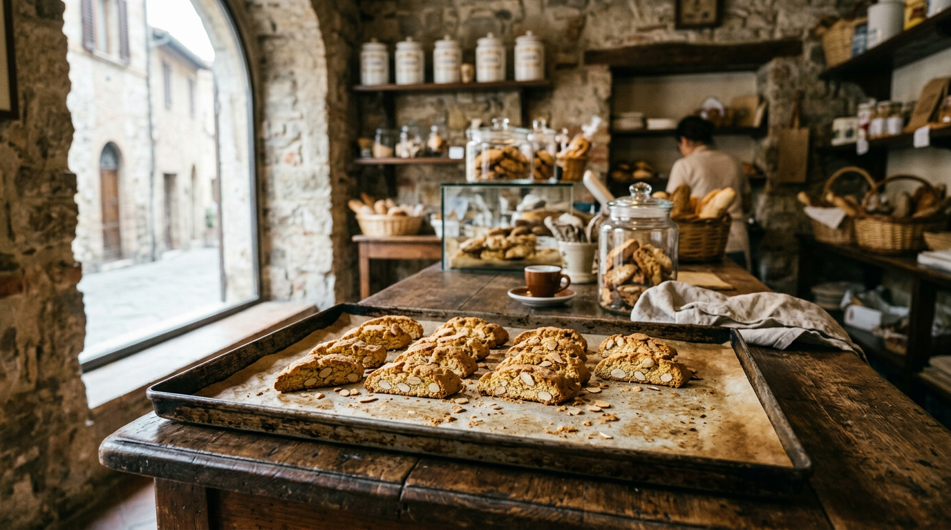 Cantuccini toscani alle mandorle in un sacchetto di carta accanto a un calice di vin santo ambrato