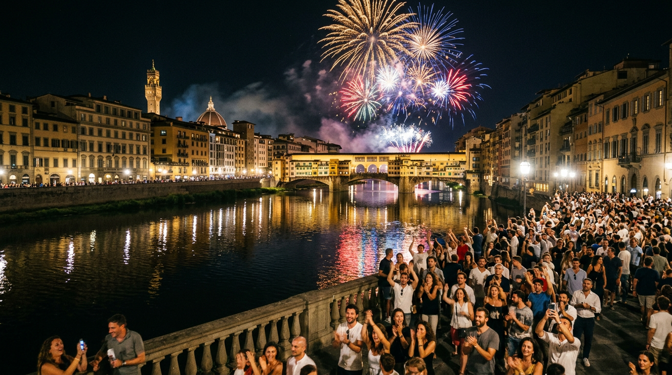 Piazza della Repubblica a Firenze illuminata dalle luci festive nella notte di Capodanno.