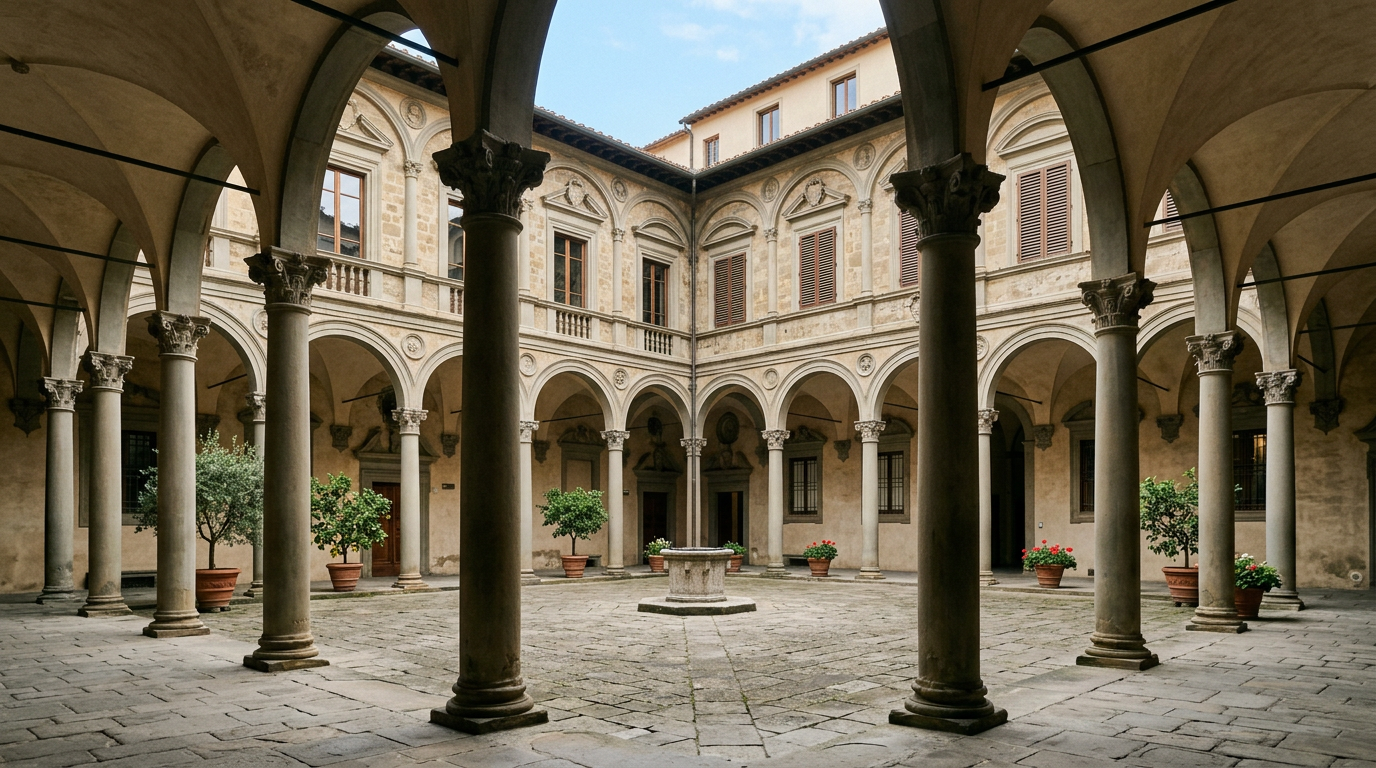 Cortile interno di un palazzo rinascimentale fiorentino con colonne in pietra e pozzo centrale