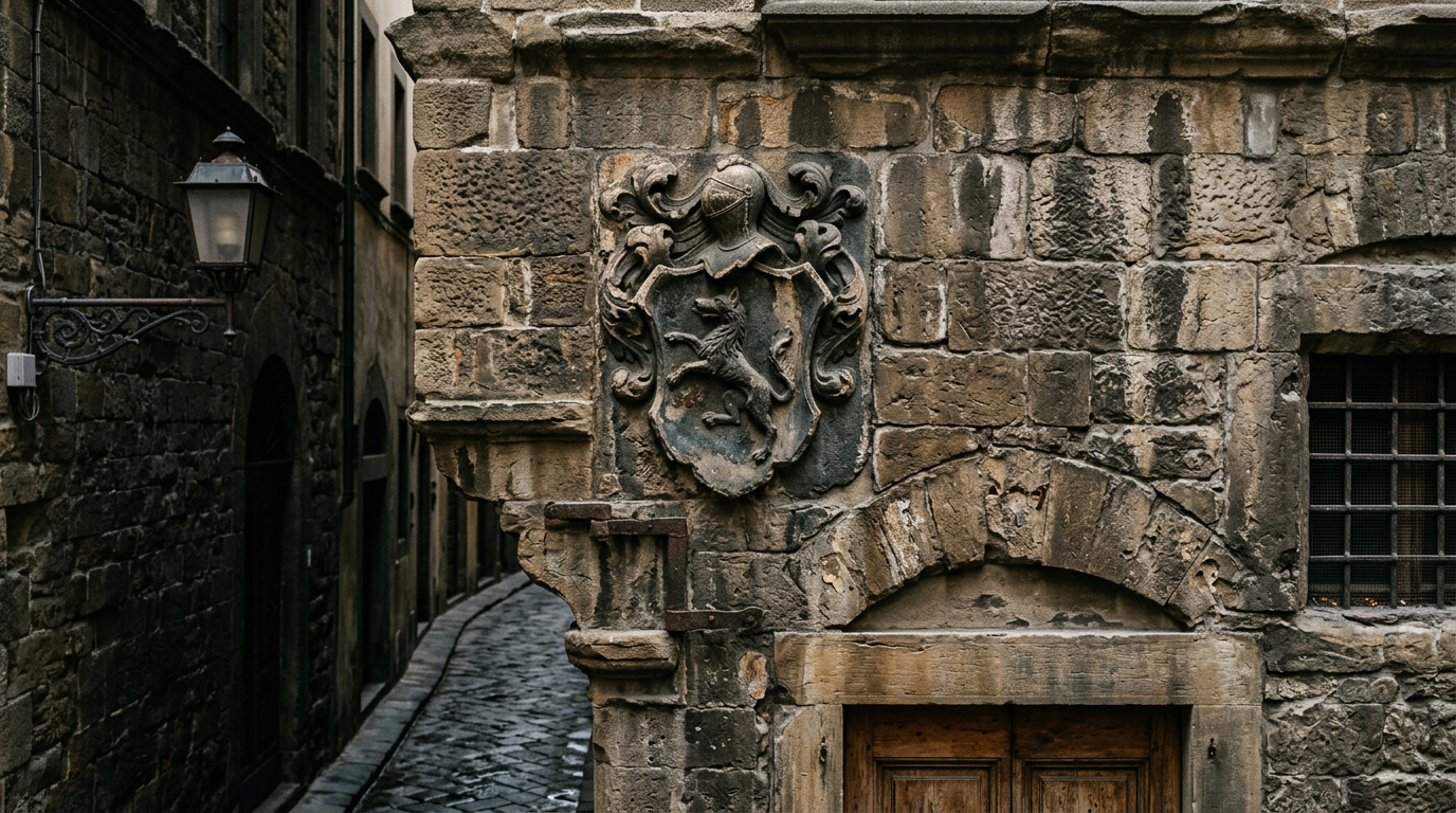 Un palazzo medievale nel centro storico di Firenze con dettagli architettonici in pietra serena