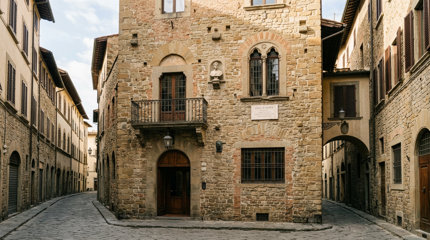 Ingresso in pietra della piccola chiesa di Santa Margherita dei Cerchi in un vicolo medievale di Firenze