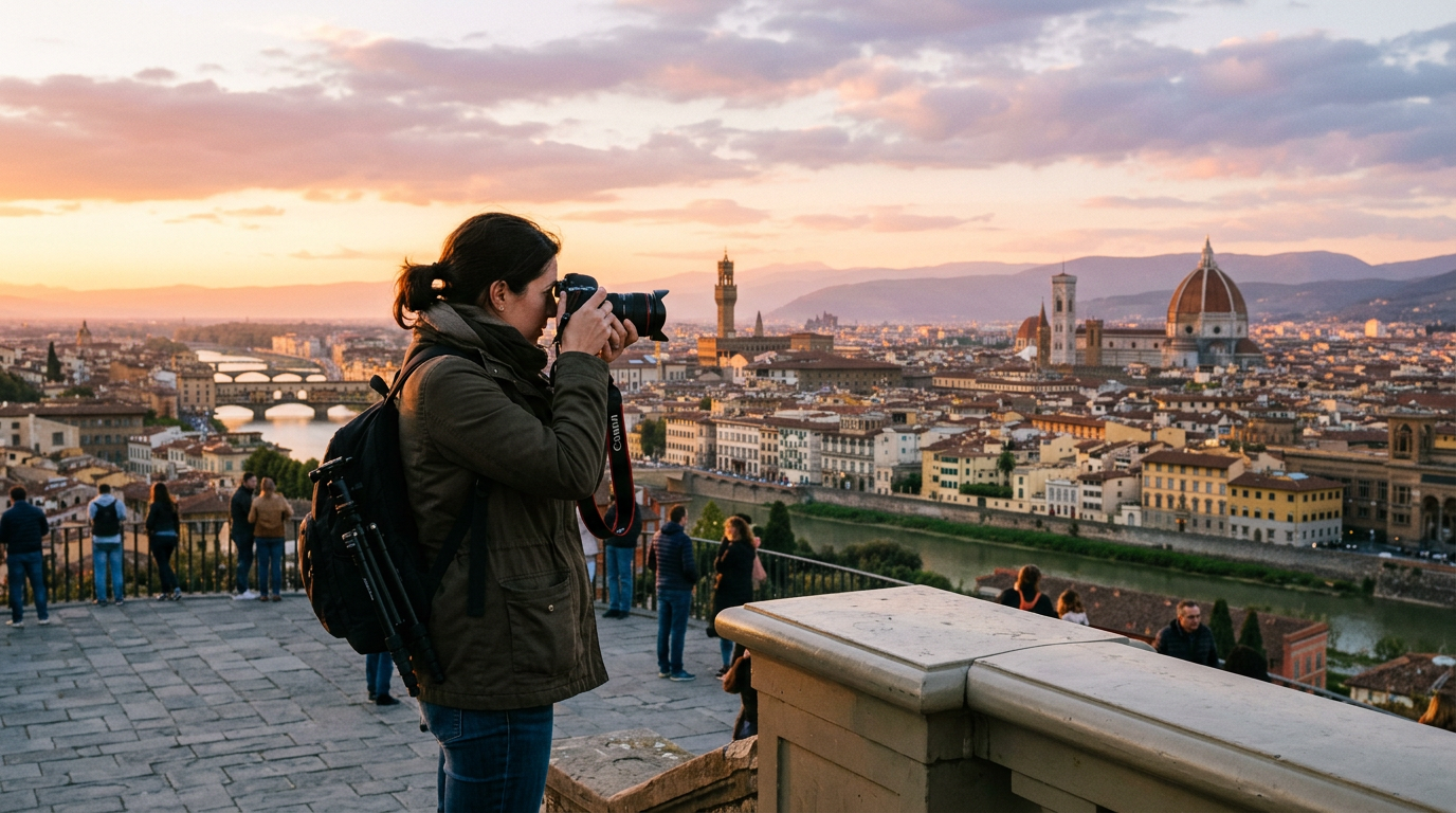 Skyline di Firenze con la cupola del Brunelleschi illuminata dalla luce del tramonto e il fiume Arno in primo piano