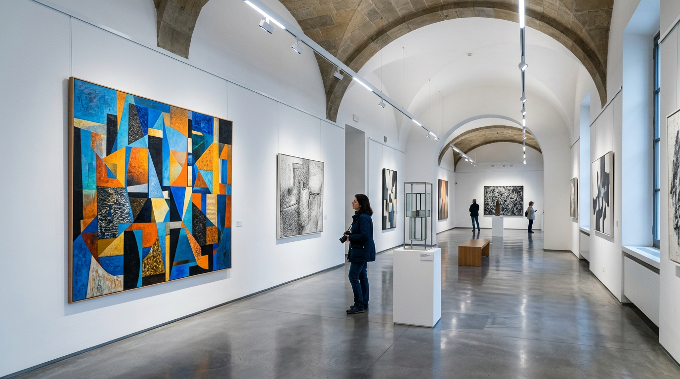 Installazione contemporanea nello spazio espositivo della Strozzina a Firenze con luci soffuse