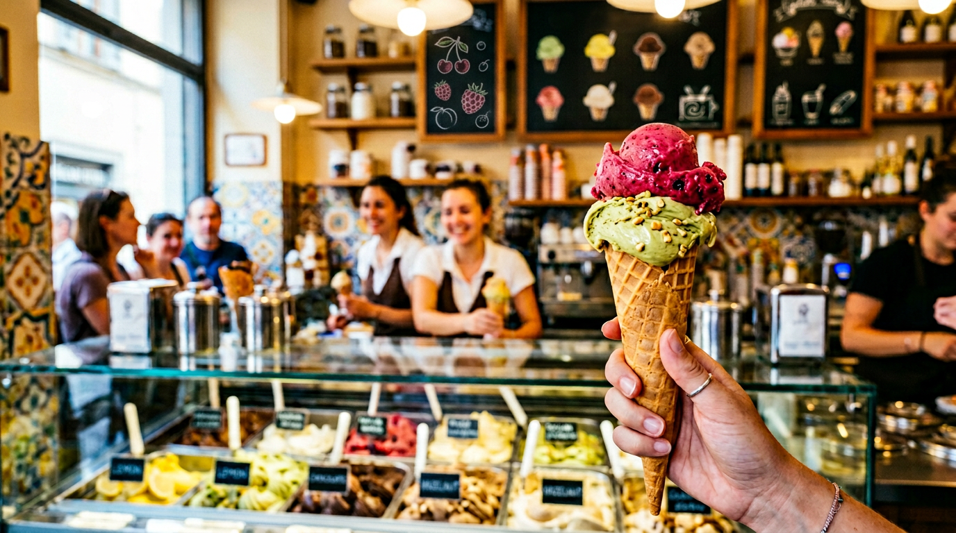 Cono con due gusti di gelato artigianale davanti all'ingresso di una gelateria nel centro di Firenze
