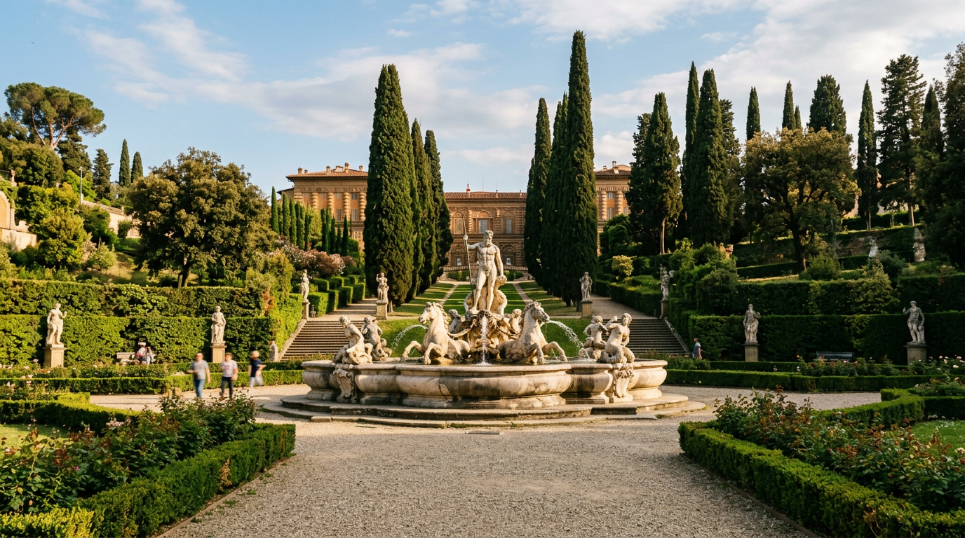 Terrazza panoramica del Giardino Bardini a Firenze con vista sui tetti della città in primavera