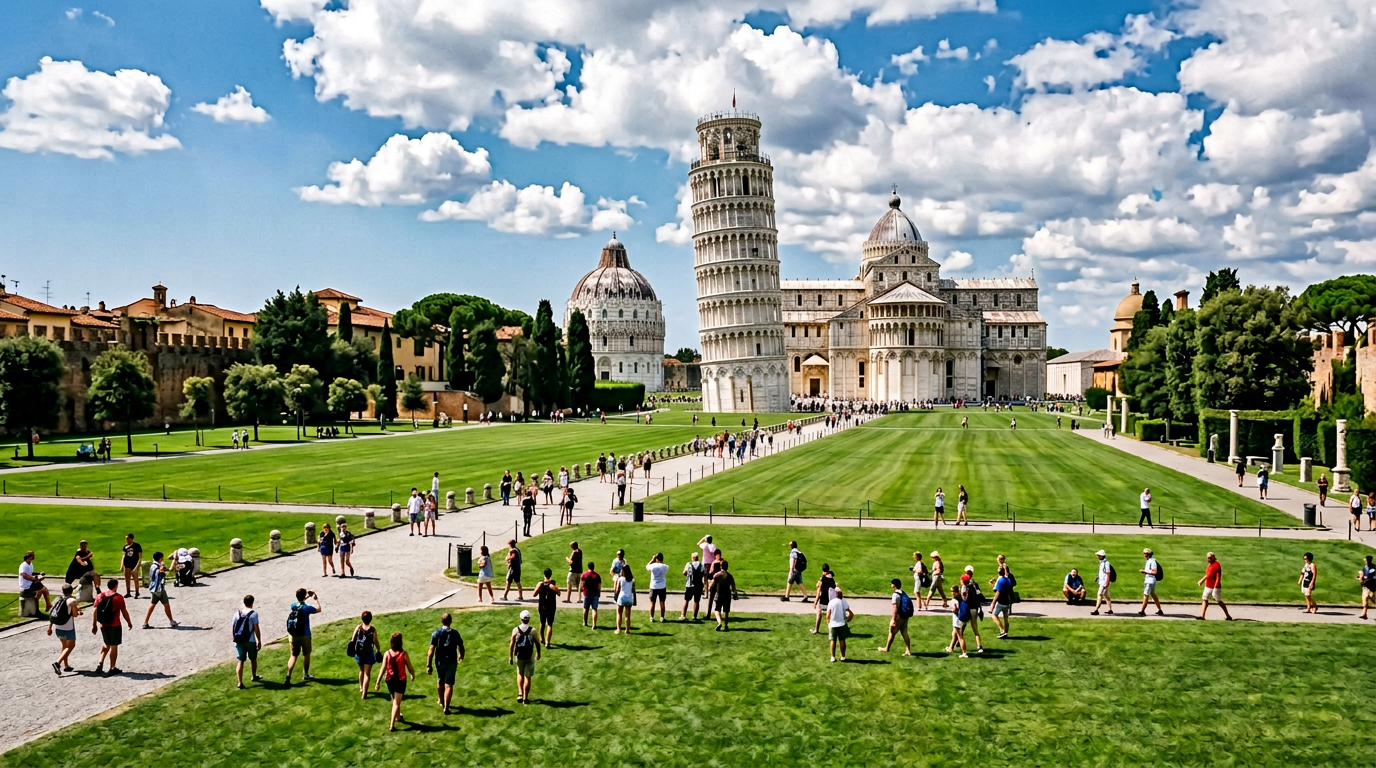 La Torre Pendente di Pisa inclinata verso destra con il Battistero e il cielo azzurro