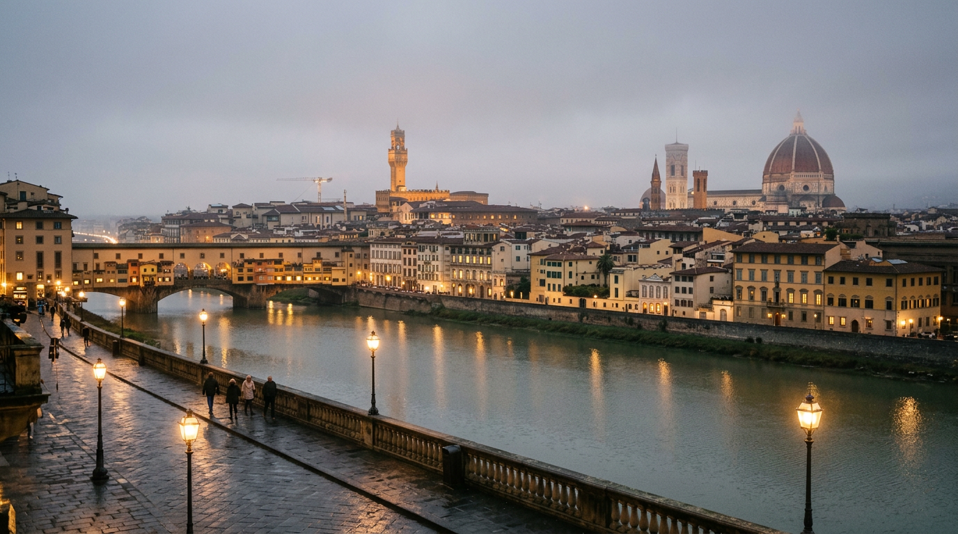 Piazza della Signoria a Firenze in una mattina d'inverno con poca gente e il cielo grigio