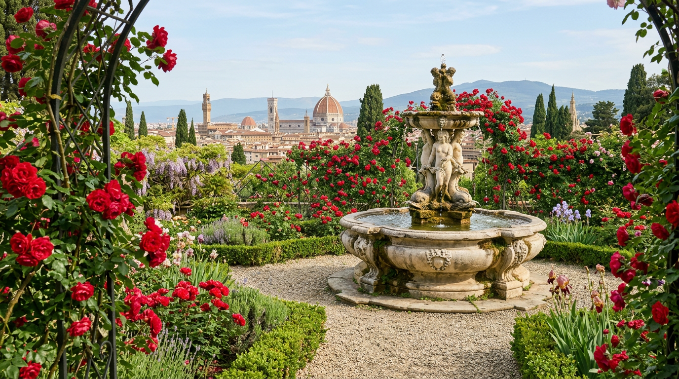 Giardino dell'Iris a Piazzale Michelangelo con fiori viola e arancioni in primo piano e Firenze sullo sfondo