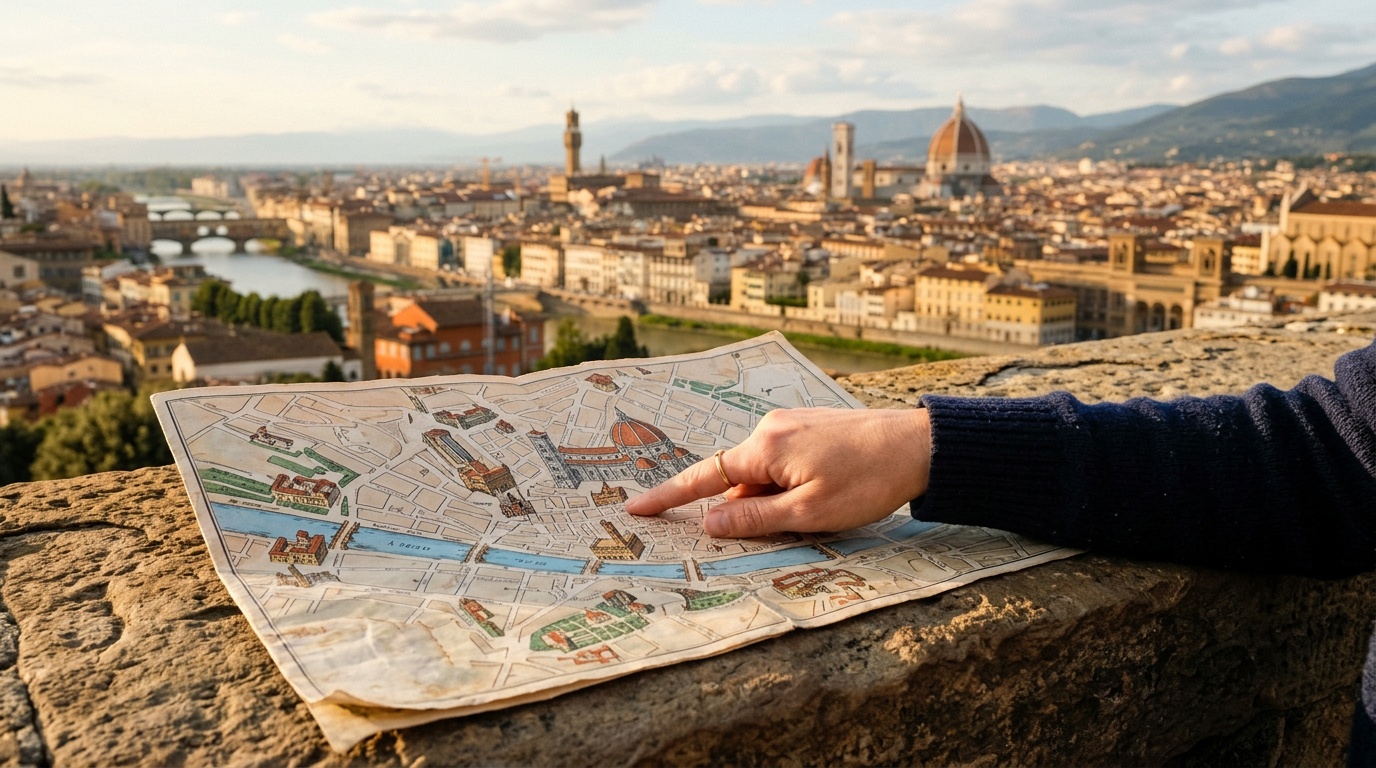 Veduta aerea del centro storico di Firenze con la cupola del Brunelleschi e i principali monumenti