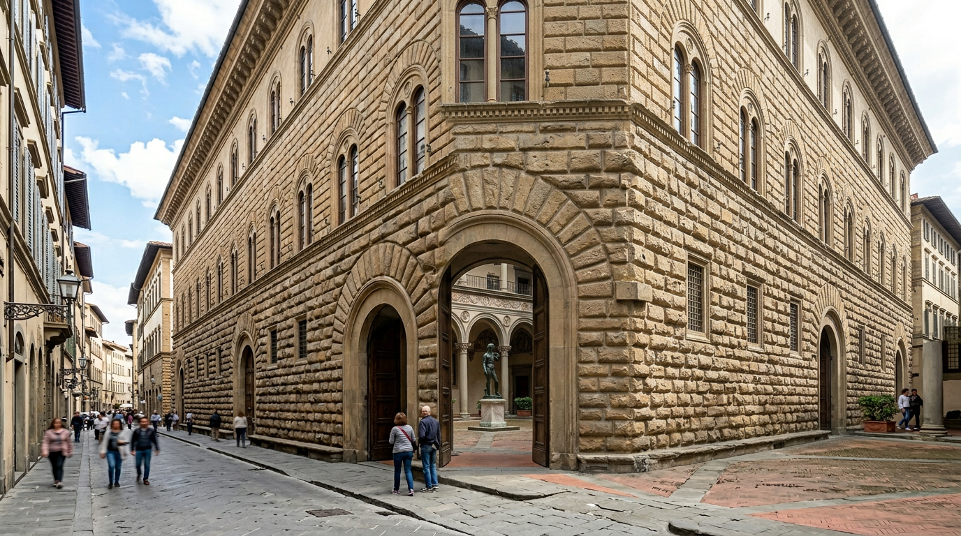 Gli archi rinascimentali del cortile di Palazzo Medici Riccardi nel centro di Firenze