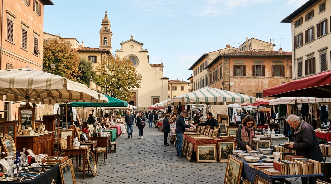 Tavolino con stampe antiche di Firenze e oggetti vintage in vendita a un mercato dell'Oltrarno