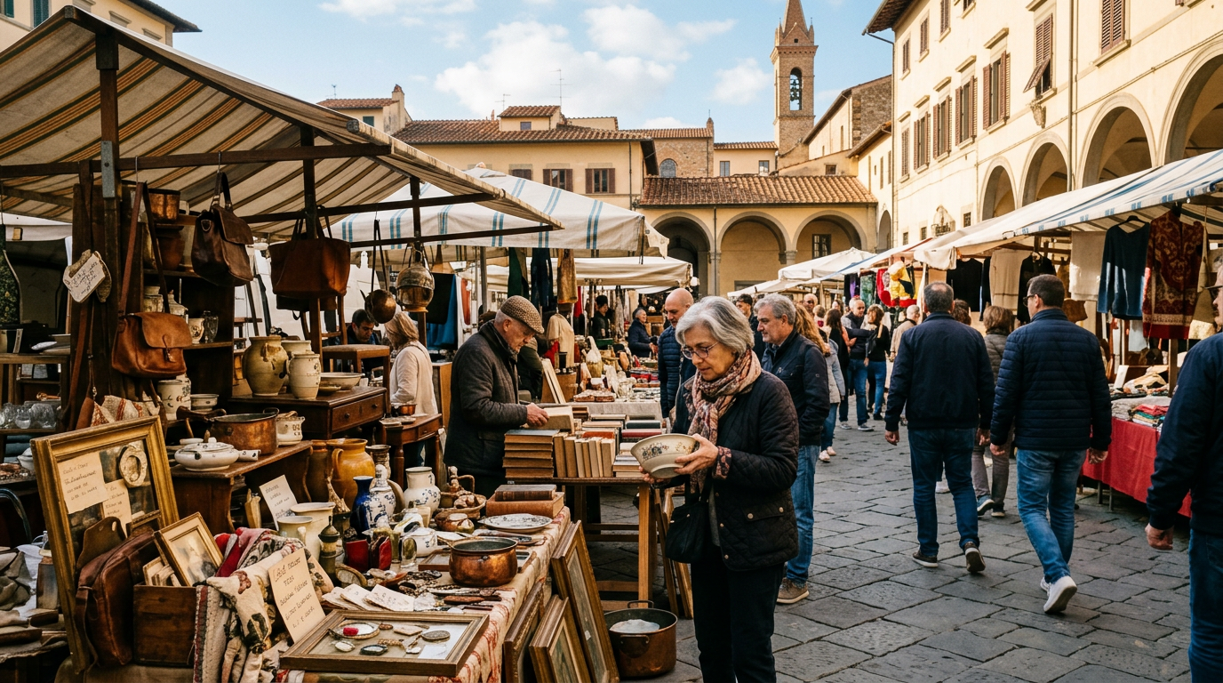 Prodotti artigianali in cuoio e ceramica esposti su una bancarella al mercato domenicale di Firenze