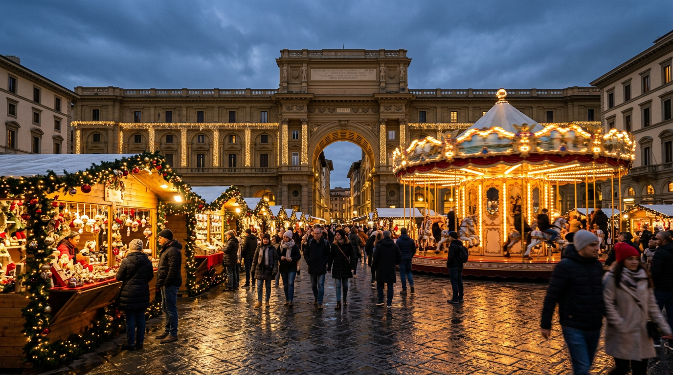 Casette di legno illuminate del mercatino natalizio in piazza Santa Croce a Firenze di sera.