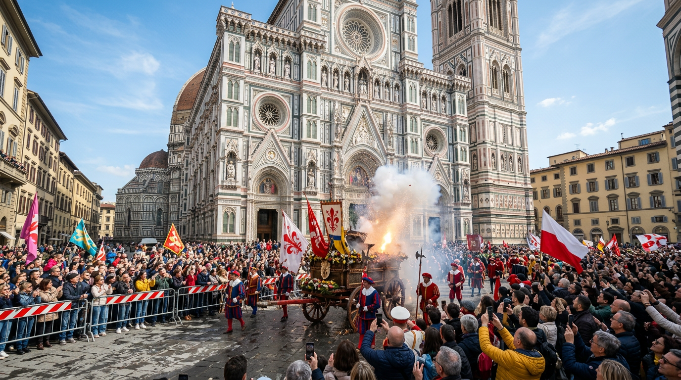 Il carro ornato trainato da buoi bianchi arriva in piazza del Duomo a Firenze nel giorno di Pasqua.