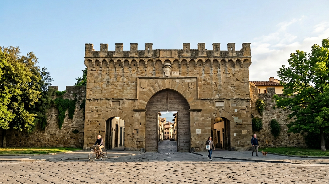 Arco medievale della Porta Romana a Firenze con il tabernacolo sopra e il viale alberato di fronte
