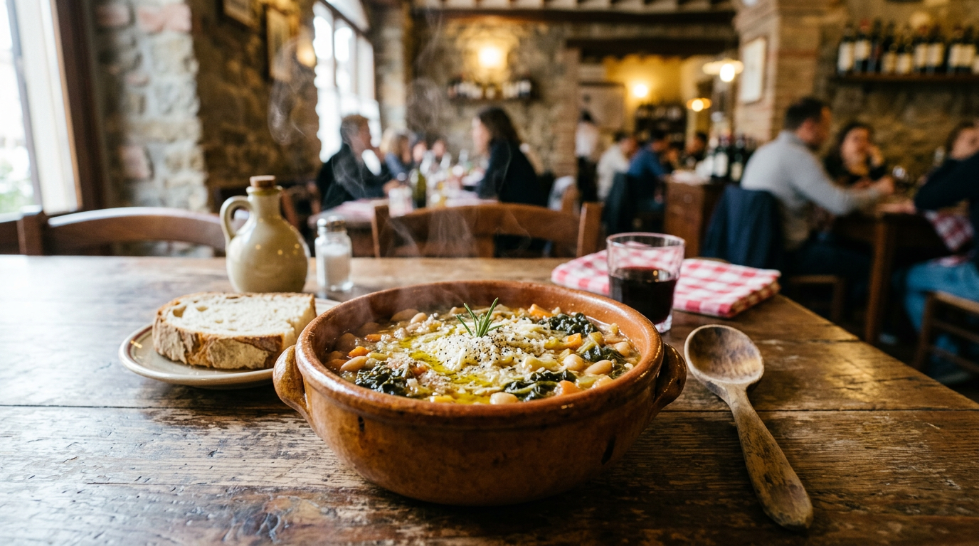 Piatto fondo di ribollita toscana fumante con filo d'olio extravergine su tavolo di legno rustico