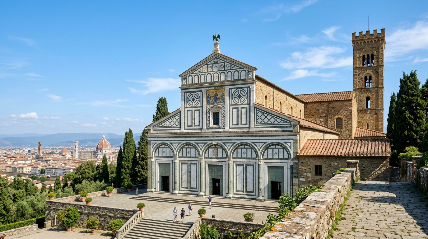 Facciata della basilica di San Miniato al Monte a Firenze con i mosaici dorati e i marmi bianchi e verdi