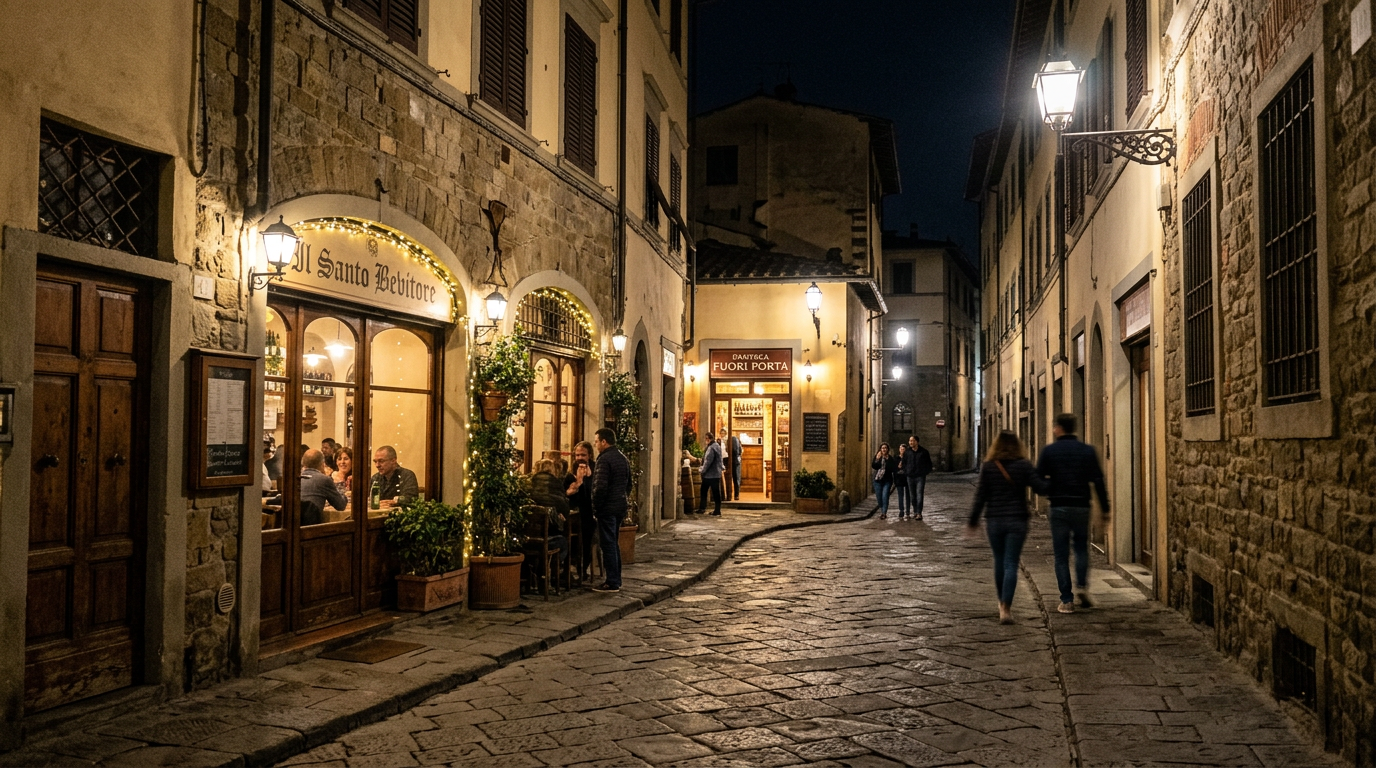Strada stretta di via di San Niccolò a Firenze con portoni in pietra e la torre medievale in fondo