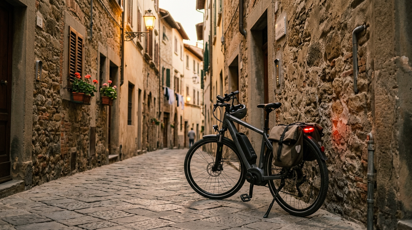 Bici elettrica parcheggiata sul Lungarno fiorentino con l'Arno e i ponti storici sullo sfondo