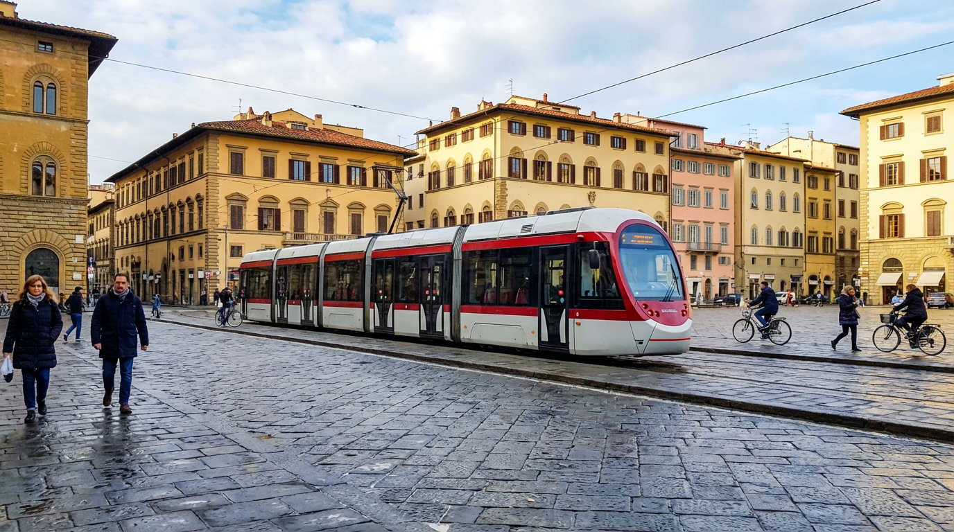 Fermata del tram T2 a Firenze con un convoglio in arrivo e la stazione SMN sullo sfondo