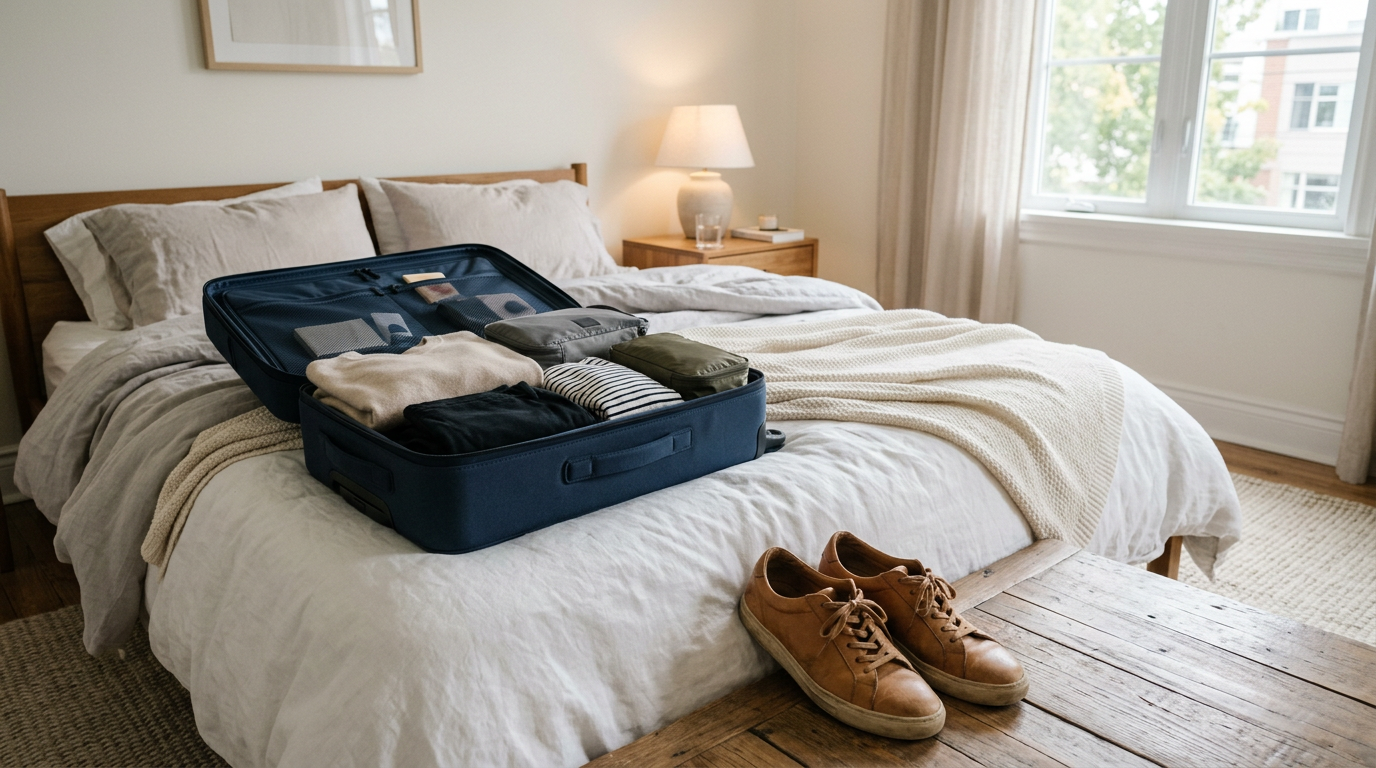 Valigia semi-aperta con scarpe da citta e abiti ripiegati pronti per un viaggio a Firenze