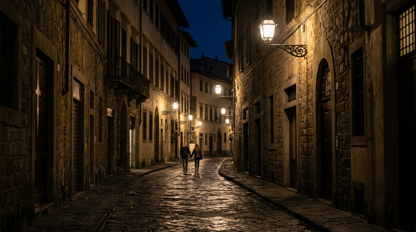 Scorcio notturno di un vicolo fiorentino con lampioni accesi e facciate di palazzi storici illuminate